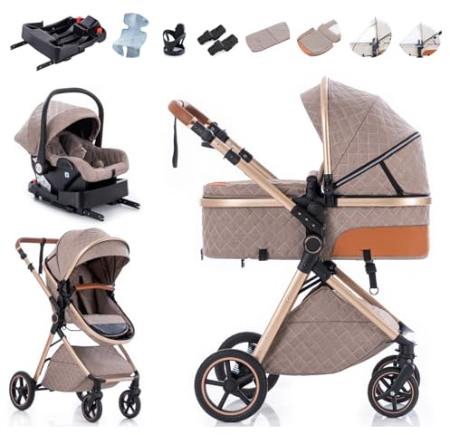 Zkiprm Carrito bebe 3 en 1- Carros Para y base Isofix de Coche（Caqui） | Cochecito Plegable - Manillar Ajustable en Altura - Funda de Lluvia, Saco de Pies, Colchón Refrescante, Portavasos y más -0-3