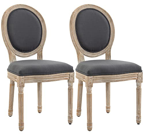 HOMCOM Dining Chairs Set of 2, French-Style Accent Kitchen Chairs with Linen Fabric Upholstery, Sturdy Wooden Frame and Round Backrest, Grey