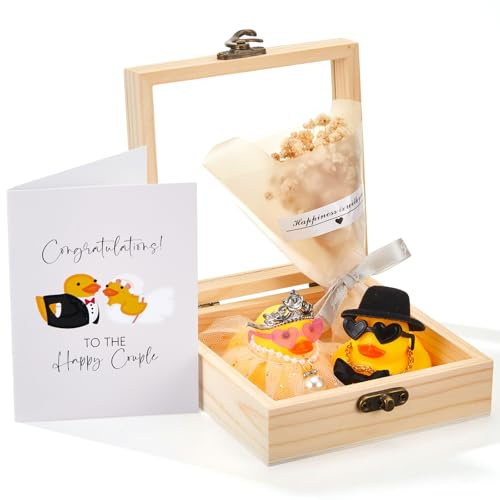 BBTO 5 Piezas Juego de Patitos de Goma para Novios Regalo de Boda Divertido Pato de Baño para Novios Ramo de Gypsophila Caja de Regalo Tarjetas de Felicitación para Bodas(Romántico)