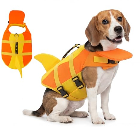 Ranphy - Chaleco salvavidas para perros con forma de tiburón, alta flotabilidad, con asa de rescate y anillo para correa para piscina, navegación en barco y playa, para perros pequeños, medianos y