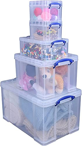 Really Useful Box Plastic Storage (Bonus Pack of 5) 84 Litre + 35 Litre + 9 Litre + 2 x 3 Litre Clear