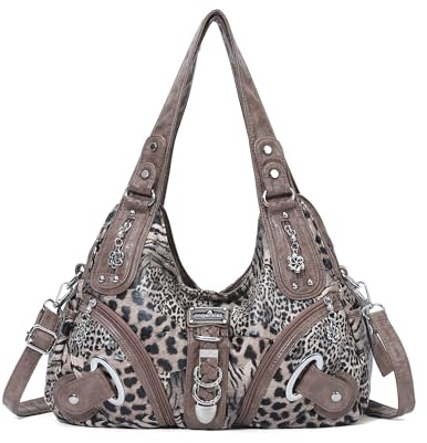 Angelkiss Women Multiple Pockets Purses and Handbags Washed Leather, Two Top Zippers Closure, Brown-leopard