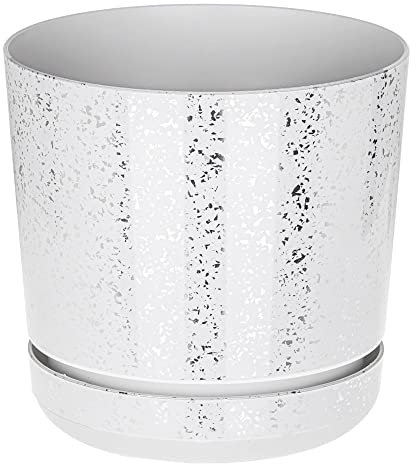 KORAD White with Silver Flecks Indoor Plant Pots with Drainage Holes and Matching Saucer, Round, Modern and Decorative Flowerpot for All Houseplants, 6 Sizes, 25 Colours (12 cm - 4.7 inch)