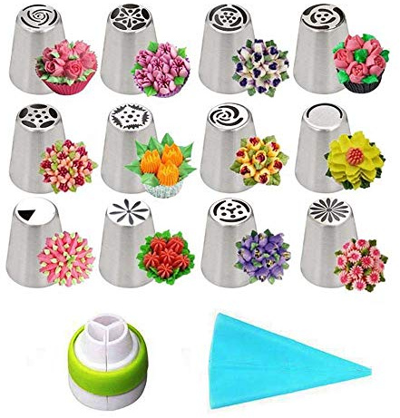 BLUGUL Set per Decorazione Torte, Beccucci Russi, 12 Punte + 1 Sacca + 1 Accoppiatori, per Fiori di Torta/Cupcake
