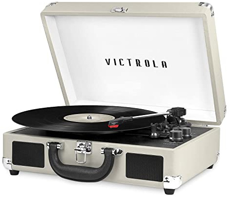 Victrola Journey Bluetooth Portable Suitcase Record Player – with Built-in Speakers, 3 Speed Vinyl Record Player, RCA Out, Headphone Jack (Light Grey)