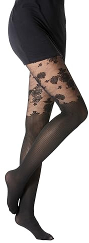 Gi&Gi Collants Fantaisie Femme, Noir, Motif Cœur Mock Over-Knee, Nylon, Semi-Transparent et Opaque, Style Élégant (FR/ES, Alpha/lettres, L, TG, Taille normale, Taille normale, Noir avec motif floral)