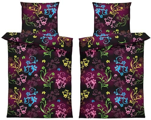 one-home Bettwäsche Mikrofaser Weich Knitterfrei Bettbezug modern I mit Reißverschluss I Sommer und Winter geeignet, Farbe:Blumen schwarz, Größe:4 teilig 155x220 cm