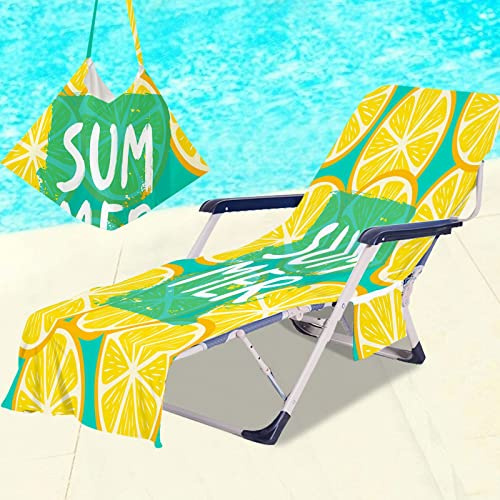 Surwin Sun Lounger Beach Towel with Pockets, Tropical Fruit Print 3D Summer Beach Chair Cover Chaise Lounge Towel Cover Mate Sunbed Towels For Holiday Garden Outdoor Pool (75x210cm,Summer)
