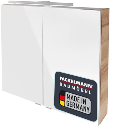 FACKELMANN B.Brillant Spiegelschrank – Spiegel mit viel Stauraum & LED-Beleuchtung – Badspiegelschrank in Optik Eiche (80 x 68 x 15 cm)