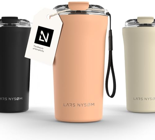 LARS NYSØM Mug Isotherme Cafe to-go avec sangle et couvercle en tritan 500ml | Tasse de voyage 0.5 litre avec isolation | Tasse thermique étanche en acier inoxydable