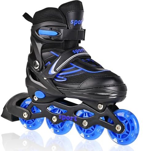 LOKJIJI Einstellbare Inline Skates für Kinder Mädchen Jungen Anfänger, Inline Skates mit Light Up Räder für Kinder und Jugendliche für drinnen draußen Sport Schwarz & Blau (Small)