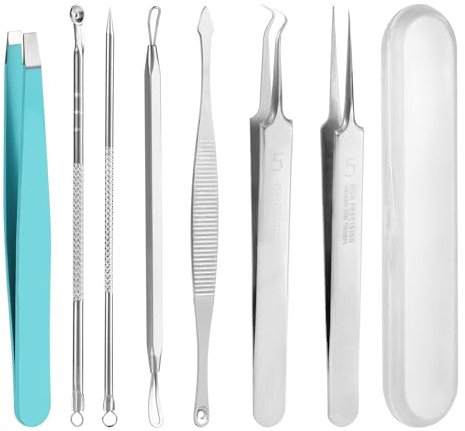 7pcs Kit d'Outils pour Boutons, Extracteur de Point Noir Pince à Epiler Poils Incarnés Professionnel Extracteur de Comédons Retrait Facile Outils Contre l'Acné avec Boîte pour le Visage le Nez