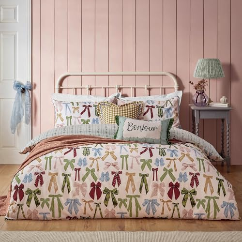 furn. Noortje Bows Duvet Cover Set (Silk Pink - Double) | Reversible Parisian Chic Bow Ribbon Polycotton Easycare Bedding