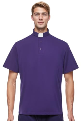 BPURB Camicia Polo Prete da Uomo con Colletto Sacerdote Camicia Clergyman a Maniche Corte per Clero, Viola, 40