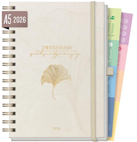 Häfft® Lieblings-Timer Deluxe Kalender 2026 A5 Beige Ginkgo Terminplaner mit Spiralbindung, Spiralkalender, Terminkalender, Wochenplaner, Ringbuch Planner - nachhaltig & klimafreundlich