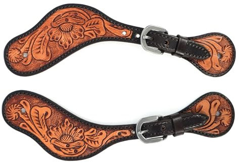 BLACK HOOF Floral Tooled Wing Shaped|Leather Spur Straps |Two Tone for Horse Riders | Western Men, Women, Adjustable Single Ply Spur Straps | Equestrian Accessories