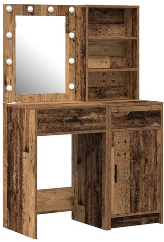 vidaXL Rustikt Smyckebord med Spegel och Inbyggd Belysning för Smink | Kompakt Förvaringslåda | Konstruktion av Massivt Trä | Idealisk för Sovrum | Stilig och Funktionell Design | Träsoffa med