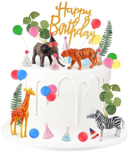 34 Pieces Safari Jungle Animal Cake Decoration with Mini Birthday Party Hats Wild Animal Cupcake Toppers for Jungle Theme Party Baby Shower Birthday Party Decoration Supplies