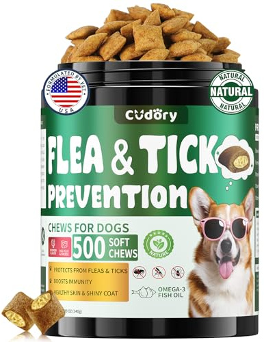Flea and Tick Support for Dogs Chews- 500 Crunchy & Creamy Chews, Dogs Flea Chewables with Skin & Coat Support - Oral Supplement for All Breeds & Ages