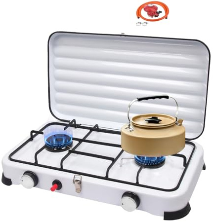 Inoamity Réchaud Gaz Camping Portable 2 Feux 4.4kW - Allumage Piézo, Tuyau PVC 150cm + Régulateur 37 mbar - GPL Rechaud Pique-Nique pour Randonnée, Pêche, Pique-Nique, Blanc