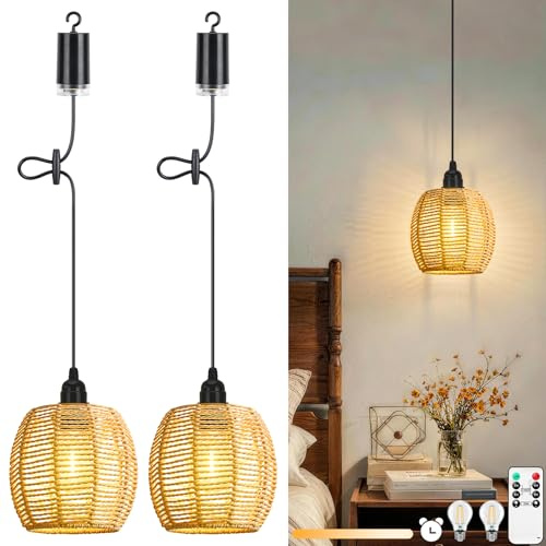 Lightsjoy 2 Hängande Lampor med Batteri, Hängande Taklampa Ratan IP65, Hängande Lampa med Fjärrkontroll och Dimmbar Lampa, Kabelfri Hängande Lampa för Terrass Trädgård Vardagsrum Matrum
