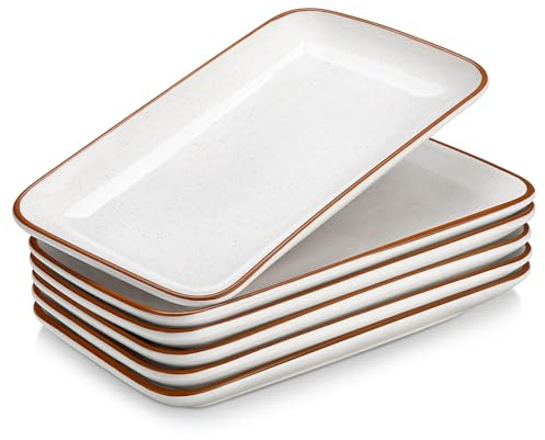 MALACASA TARA Juego de 6 Platos de Servir de Cerámica, Platos Rectangulares 24,7×14,2 cm en Blanco con Borde Caqui, para Entrantes, Pasteles, Aperitivos y Sushi, Apto Lavavajillas y Microondas