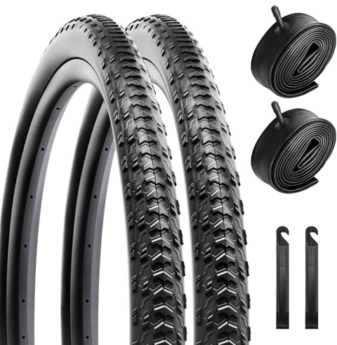 Lot de 2 Pneus de Vélo 26 Pouces, Pneus de VTT Pliables Résistants à l'usure 26x1.95 avec 2 Chambres à air et Démonte-Pneus, Kit de Remplacement pour Vélo Hybride Montagne Ville Vélo