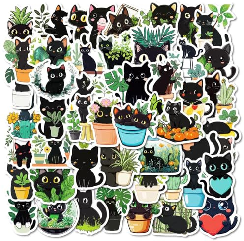 Lot de 50 autocollants chats et plantes Autocollants mignons et imperméables - Motif chat- Cartoon Kawaii - Ordinateur portable - Pour skateboard, vélo, cyclomoteur, moto（ noir ）