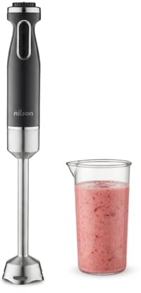 Nilson Life Batidora de Mano, 1000 W Potencia Máxima, Cuchillas con 4 Aspas, Mezcla, Tritura, Pica y Emulsiona, Múltiples Velocidades, Control Manual, Función Turbo, Vaso 0,6 L, NHB10001AP, Cable 1 M