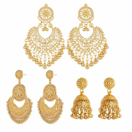 3 Pairs Jhumka Earrings for Women, Gold Indian Ethnic Jewellery Set | Traditional Indian Jewellery, Gold Openwork Carved Jhumka Earrings, Bohemian Ethnic, Festival Daily Wear for Women