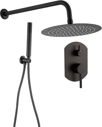 VALAZ Doccia Incasso Nero Opaco | Miscelatore Doccia Incasso Spruzzatore Effetto Pioggia | Installazione a Parete Facile | Inossidabile, Rotondo, Spruzzatore 20 cm, Serie Duero