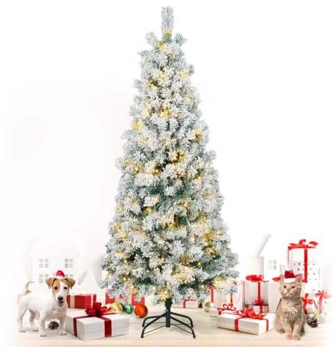 Fencer Wire 4.5 Feet Pre-lit Artificial Snow Flocked Christmas Pencil Tree w/ 398 Pre-Hinged Branch Tips & Foldable Stand, Fake Slim Christmas Tree for Indoor, Pencil Christmas Tree w/ 150 LED Lights