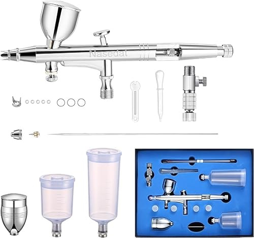 Nasedal Airbrush Kit, Airbrush Gun Dual-Action Gravity 5cc 13cc 20cc 40cc Fluid Cup, 0.3 & 0.5 mm Needle, Cost-Effective Air Brush Set Makeup Nail Art Painting Model Coloring Cake Decor Silver