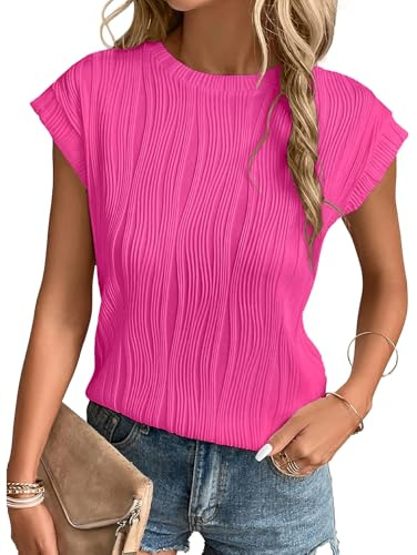 Gemulate Ladies Summer Tops Shirts Crewneck Solid Loose Casual Work Blouses Fashion top for Women Trendy Hot Pink XL