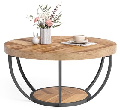 LITTLE TREE Round Coffee Table, 32 Circle Coffee Table for Living Room, 2-Tier Wood Accent Center Table with Open Storage Industrial Design Home Furniture (Wood Grain and Black)