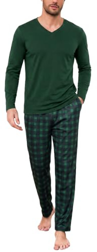 Bresdk Pigiama Uomo Cotone Lungo con Scollo a V e Quadri | Maglia Tinta Unita a Maniche Lunghe E Pantaloni con Elastico, Coulisse E Due Tasche Laterali