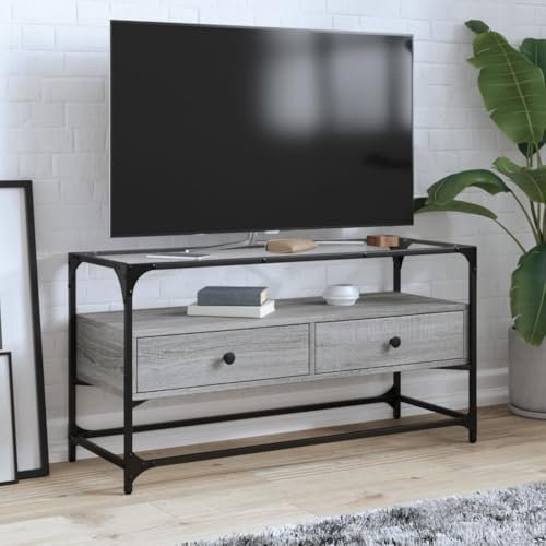 Homgoday TV-skåp golvglas Sonoma-grått 98 x 35 x 51 flerskiktat trä, möbler TV-bord, TV-skåp, vardagsrum, TV-bänk för vardagsrum industriell TV-stativ