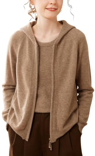 DISSA Cardigan Cachemire Femme Marron Capuche Fermeture éclair Tricoté en Vrac Manches Longues épais Pull en Cachemire et Laine,EU 44,SPR2450