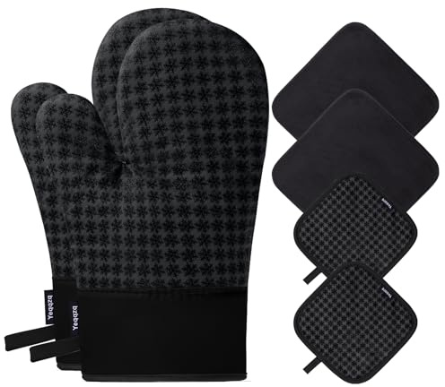 Yeqqzq Oven Mitts and Pot Holders 6pcs Set, Kitchen Oven Glove High Heat Resistant 500 Degree Extra Long Oven Mitts and Potholder with Non-Slip Silicone Surface for Cooking, Baking, BBQ (Black)