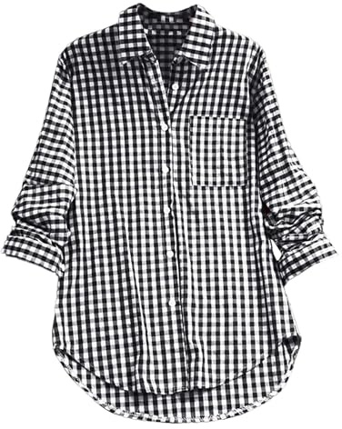 Uwdiohq Camisa de Manga Larga con Solapa a Cuadros para Mujer Camisetas Mujer Deporte (Black, XL)