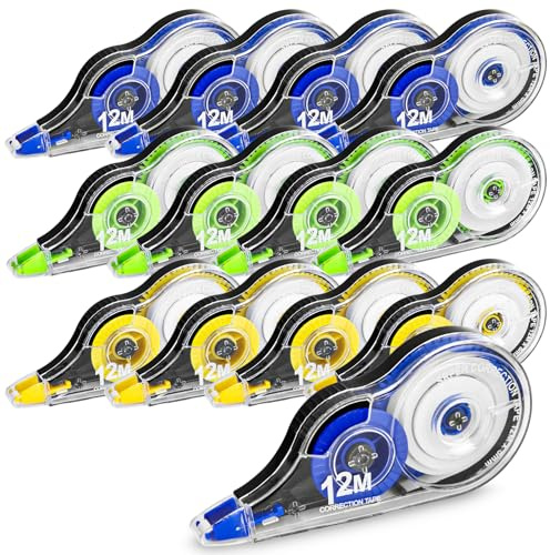 Mixara 12 Stück Korrekturroller Maus Set, 12m x 5mm Korrekturband mit Schutzkappe, Tippex Roller in 3 Farben (Gelb, Blau, Grün) für Schüler, Büro, Schule und Zuhause