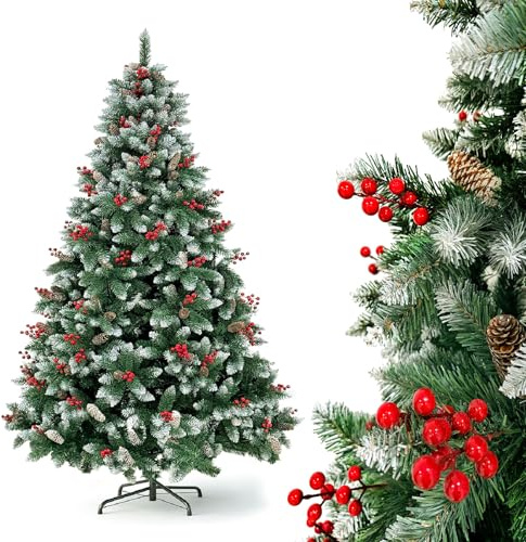 YOUDENOVA Sapin de Noël artificiel premium avec neige Arbre de Noël artificiel 210cm Arbre de Noël avec houx pommes de pin Arbre de neige Arbre de Noël artificiel