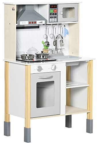 AIYAPLAY Cocina de Juguete de Madera para Niños +3 Años con Altura Regulable, Luz y Sonidos, Grifo con Agua, Fregadero, Placa de Cocina y Horno Cocinita de Juguete 60x30,5x93,2 cm Blanco