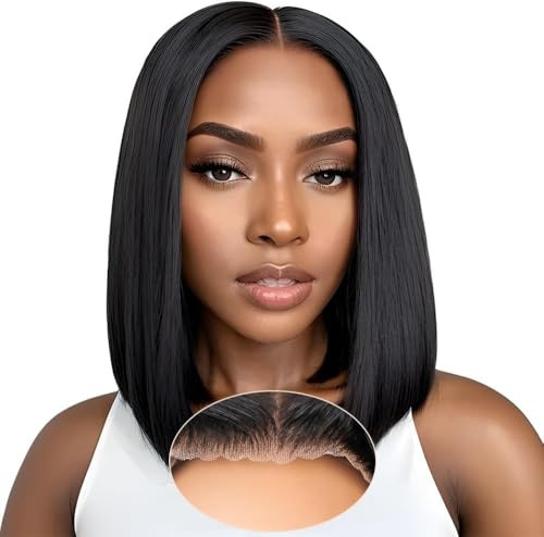 Smilenice Perruque Bresilienne Cheveux Humain 10 Pouces 4x4 Bob Straight Perruque Femme Naturelle Sans Colle Cheveux HD Lace Wear and Go Glueless Wig Plucked Pre Cut Naturel Humaine
