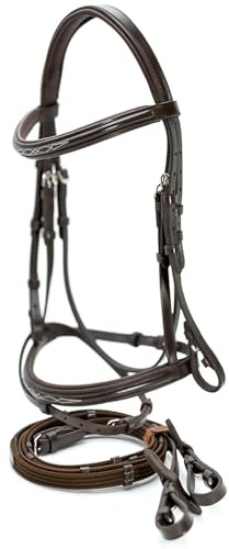 Jeffers Uniquely English Kentucky Leather Jumping Bridle w/Web Reins Set for Horses, Cob Size - Fancy Stitched Padded Noseband & Browband, Mono Crown, Flash Strap, Equestrian Tack - Havana
