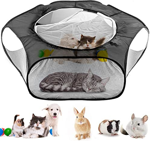 BOFUS Small Animal Cage Tent Pop Up Pet Playpen, Breathable Transparent Pet Tent with Top Cover Auto-Open Indoor Outdoor Exercise Foldable Yard Fence for Kitten,Guinea Pig
