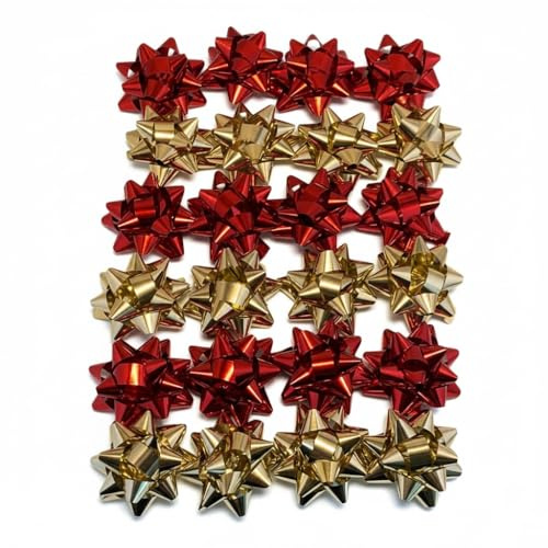 24 lazos de regalo grandes, color rojo, dorado metálico para regalos de Navidad, lazos para paquetes de regalo autoadhesivos, estrellas decorativas para Navidad y cumpleaños, diámetro 6,5 cm, adhesivo