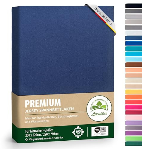 Premium Spannbettlaken, extra schwer und dick, 97% Mako-Jersey-Baumwolle und 3% Elasthan, auch Boxspringbett geeignet, 200 x 220-220 x 240 cm, Navyblau/Marine