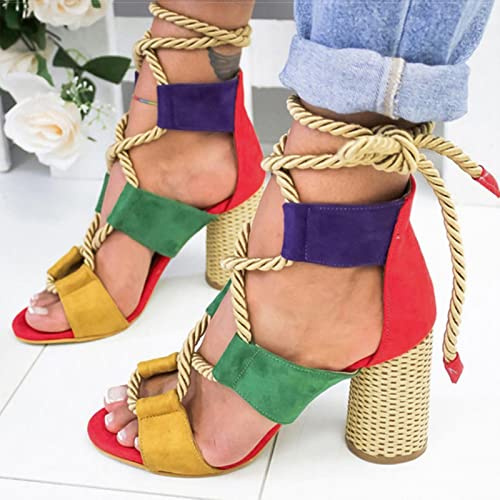 Ecoodisk Nouvelles Femmes Sandales à Lacets de Chaussures d'été Talons Femme Sandales de Poisson Pointu Bouche Gladiateur Sandales Femme Pompes Corde de Chanvre Talons Hauts