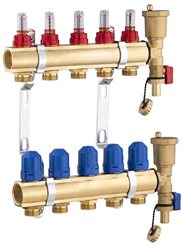 Collecteur plancher chauffant en laiton 5 départs/retours avec débitmètres NOYON & THIEBAULT